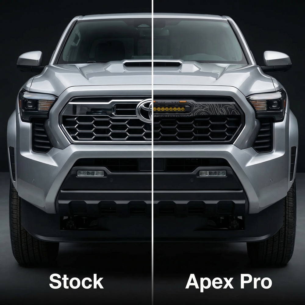 Side-by-side: stock 2024 Tacoma grille vs Apex Pro grille